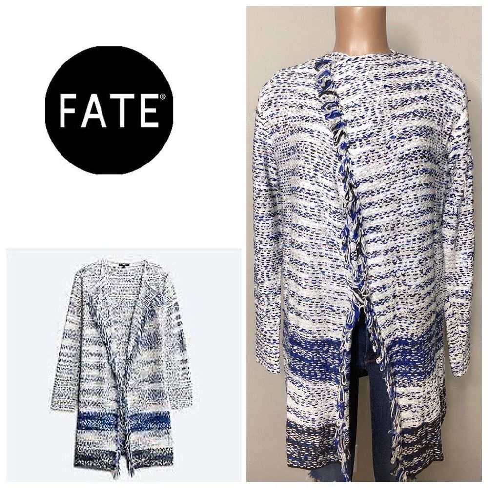 New. FATE long blue and white textured sweater. Retails $149